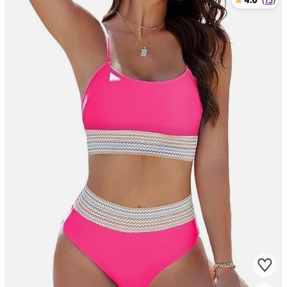 Hot Pink High Waisted Bikini Set Crochet Metallic Trim Two Piece Swimsuit NWOT